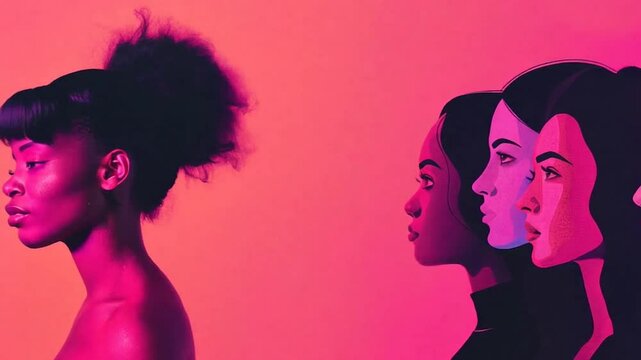 Diverse women's profiles in vibrant pink gradient. Stylized illustration of female unity, empowerment, sorority and sisterhood. Symbolic representation of feminism and women's rights movement