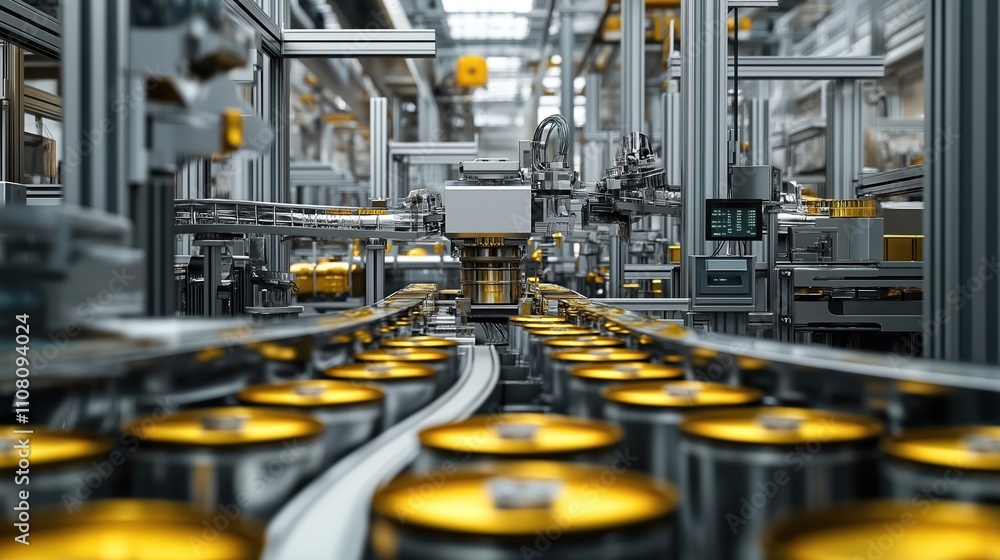 Poster Automated food processing factory shows advanced machinery. Cans move on conveyor belts. Machines package cans. Modern tech in spotless factory. Advanced automation optimizes food industry
