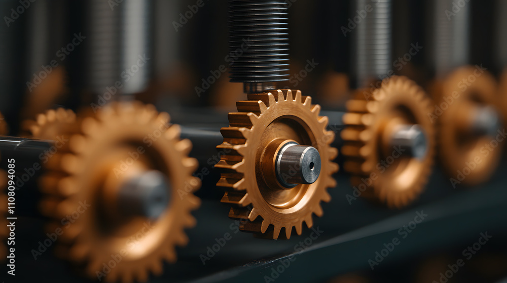 Poster gears and cogs in a machine - close-up view of intricate mechanical components working together in m