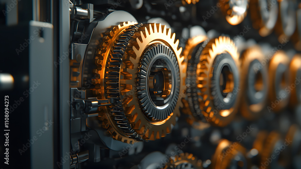 Poster gears and cogs in a machine - close-up view of intricate mechanical components working together in m