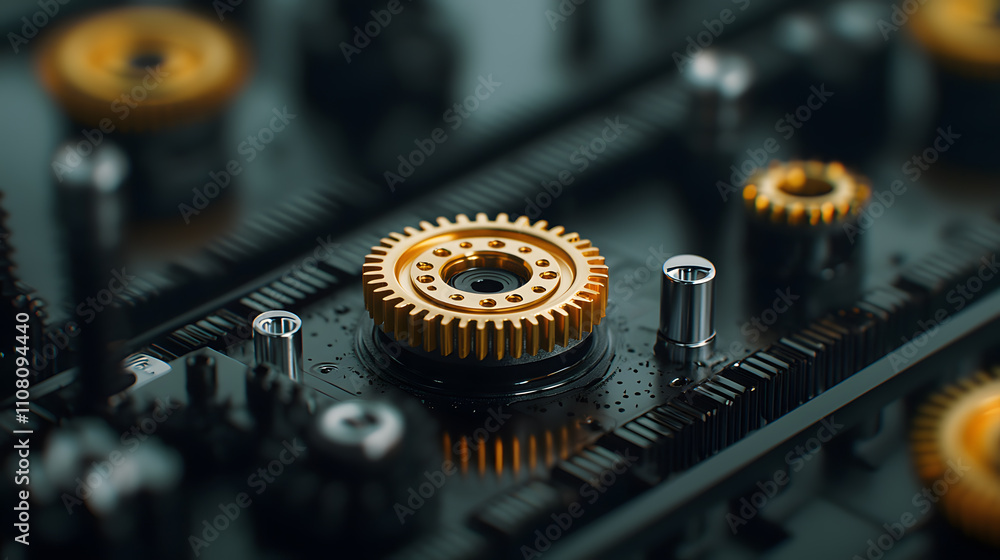 Poster gears and cogs in a machine - close-up view of intricate mechanical components working together in m