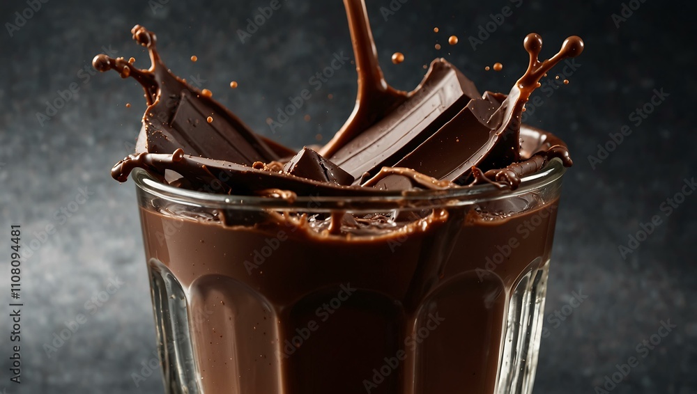 Poster pieces of chocolate creating splashes in a cocoa drink.