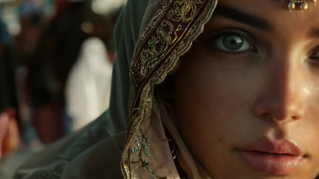 A veiled young woman with light eyes and intense gaze pierces through the ornate adornments framing her striking features. Exotic oriental character of a girl