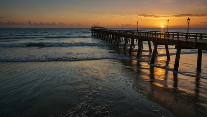 Pier stretching into the ocean at sunset with gentle waves.