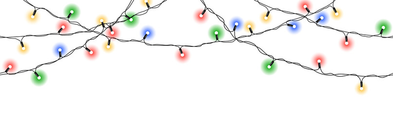 Realistic glowing colorful christmas lights in seamless pattern on transparent background