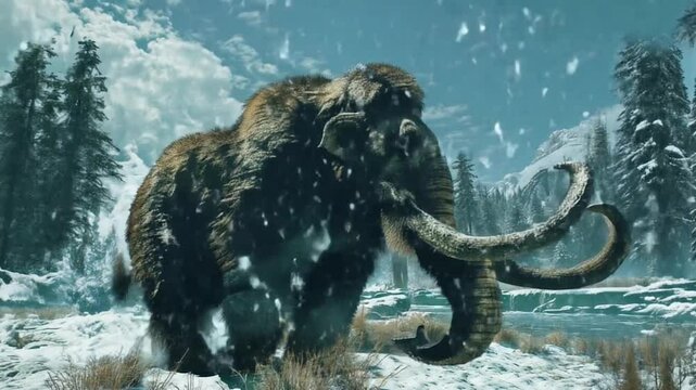 Majestic woolly mammoth with curved tusks in a snow-covered, icy forest landscape, standing by a frozen river under a cloudy winter sky. Capturing the grandeur of this ancient Ice Age giant