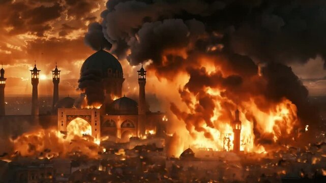 Dramatic scene of a islamic city with a mosque engulfed in a fiery explosion, with towering flames illuminating the night sky