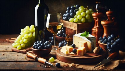 Obraz premium Elegant wine and cheese pairing with grapes on rustic wooden table 
