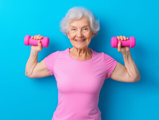 Senior woman with pink dumbbells on blue background