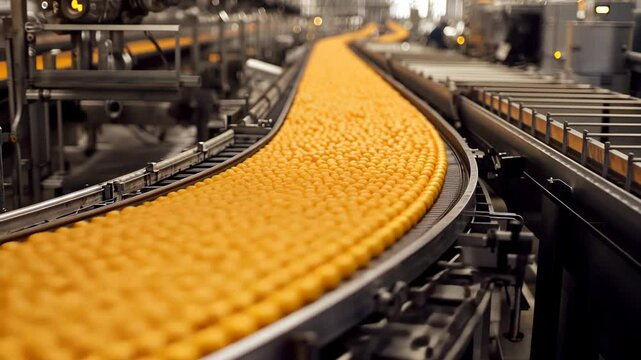 Conveyor belt transports bright yellow cheese products in a busy production facility