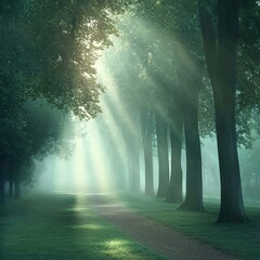 Misty Forest Path with Soft Light Rays Mystical Foggy Mornings ,Winter seasson, Happy New Year, Happy christmass 