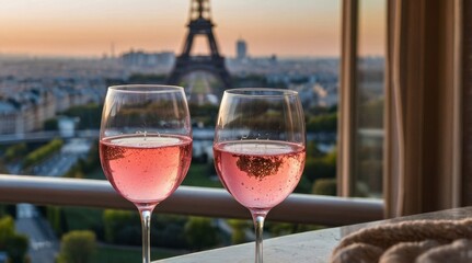 Enjoying rosé wine with a view of the eiffel tower at sunset
