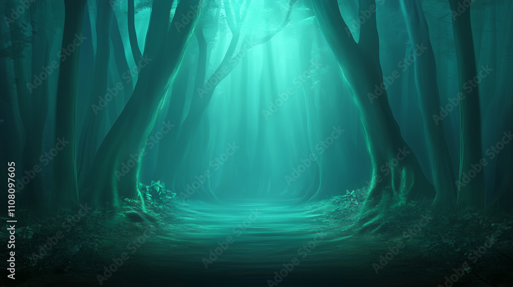 Poster mysterious forest with ethereal light filtering through trees