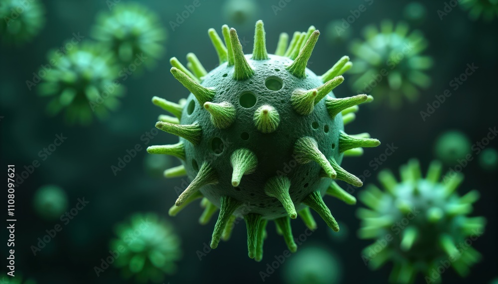Poster Futuristic view of magnified virus. High-resolution nano-scale research. Complex cellular structure. Scientific exploration at microcosm level. Dynamic microscopic imagery. Medical biotechnological