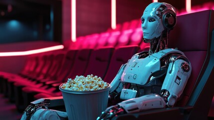 Naklejka premium Roboter im kino mit popcorn
