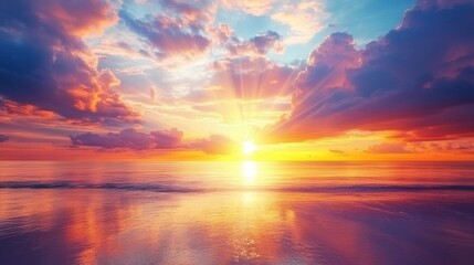 Fototapeta premium Beautiful colorful sunset sky with bright clouds sun rays over the ocean.