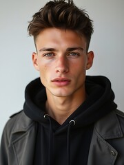 Obraz premium Stylish Male Model in Black Leather Jacket and Turtleneck – Modern Fashion Portrait with Urban Elegance and Confident Charm