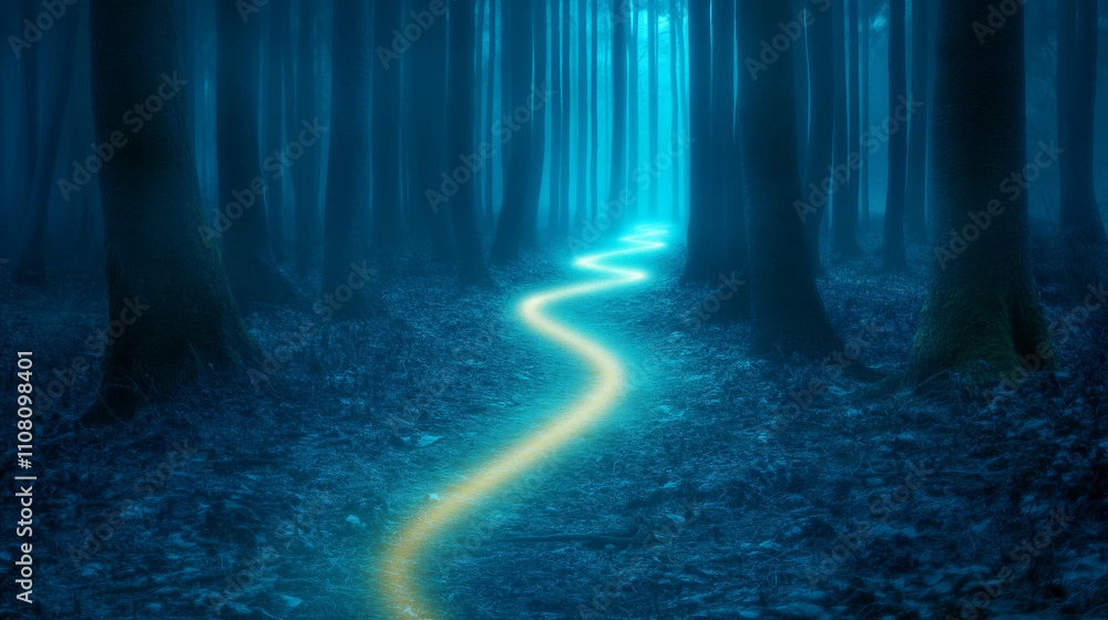 Poster mysterious winding path illuminated in a dark forest