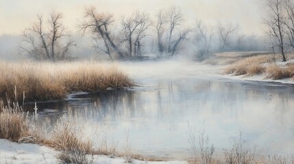 Misty Riverbank with Frost Covered Grasses and Trees Mystical Foggy Mornings ,Winter seasson, Happy New Year, Happy christmass 