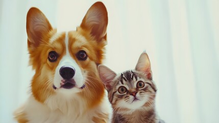 Obraz premium Adorable Corgi and Playful Kitten Together in Front of Bright White Curtain, Capturing the Essence of Friendship Between Pets
