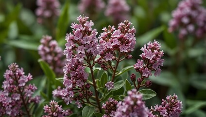 Pink limonium and green leaves.