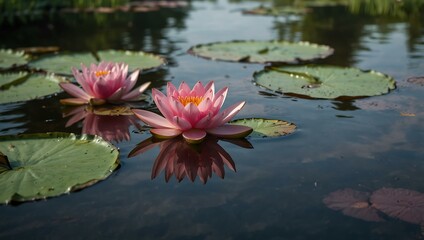 Pink lotus flowers floating on a serene pond with lily pads.