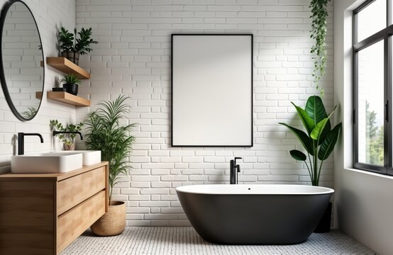 Modern bathroom interior design with blank horizontal poster frame mock up. Minimalist style design features black bathtub, wooden vanity, white brick walls, plants, round mirror. Empty space for