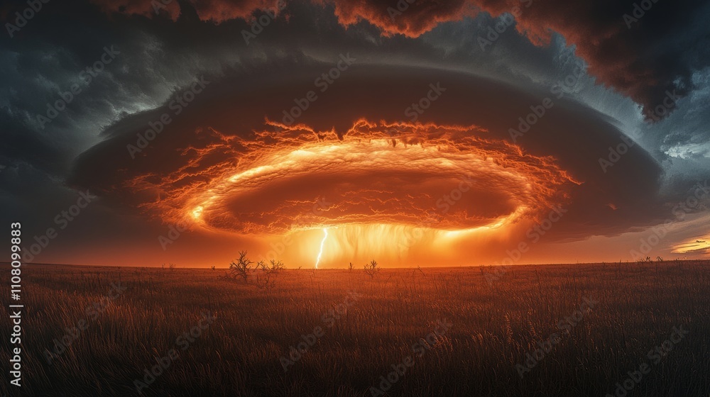 Canvas Prints epic bright orange thunderclouds and lightning hung over the field.