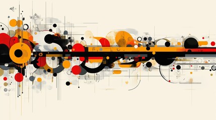 A vibrant and dynamic abstract poster featuring overlapping geometric circles in bold colors such as orange, black, red, and yellow. 