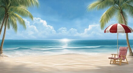Two red and white chairs with an umbrella on a beautiful beach near the calm ocean