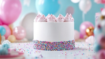 Empty cake topper mockup on pastel cake with pink and blue sprinkles