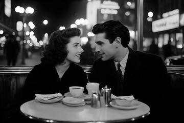 1940s Couple in a Restaurant – Vintage Scene Capturing Classic Fashion, Dining Experience, and Retro Ambience from the Mid-20th Century
