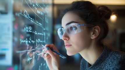 Young woman writing equations on glass surface in a modern laboratory during the day