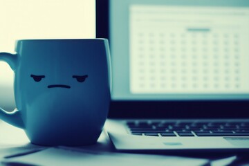 Grumpy mug on a desk next to a laptop displaying a spreadsheet, embodying the blue monday concept