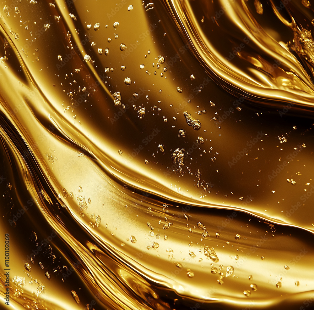 Poster Golden liquid flows smoothly with bubbles reflecting light in a captivating display of color and texture