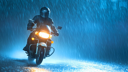 Motorcyclist rides through heavy rain at night
