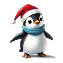 Fototapeta premium Sweet penguin with Santa hat and blue scarf waddles on white background
