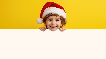 Smiling Christmas boy in Santa hat peeking out from behind white sheet of paper on a solid yellow background. Ideal for holiday greetings, advertisements, and creative designs.
