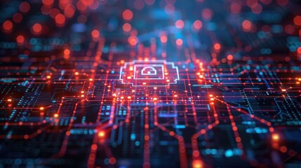 Obraz premium Abstract digital circuit board with glowing connections and data flow.