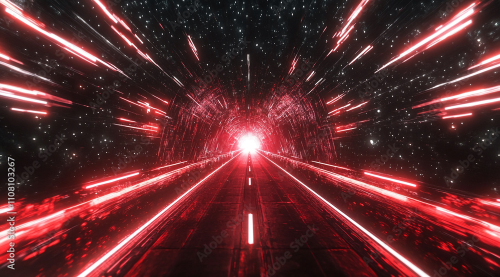 Poster Vivid light tunnel with dynamic streaks of color in a cosmic setting at night