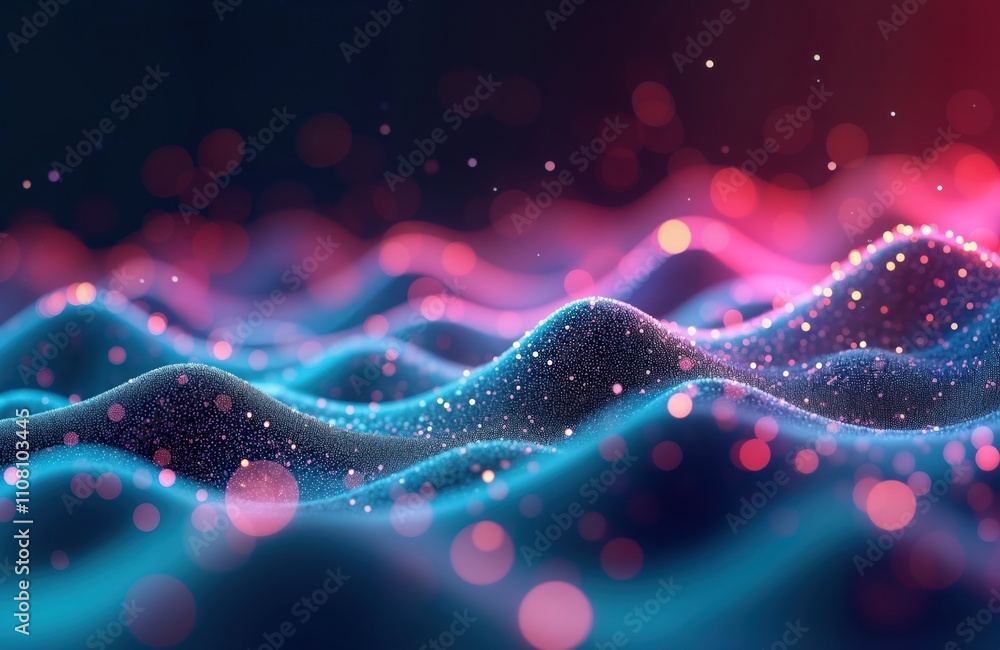 Aufkleber Abstract futuristic background dynamic data transfer. Pink, blue glowing neon wave lines create moving mountain of data. Bokeh lights add to vibrant energy, motion. Perfect concept image for tech