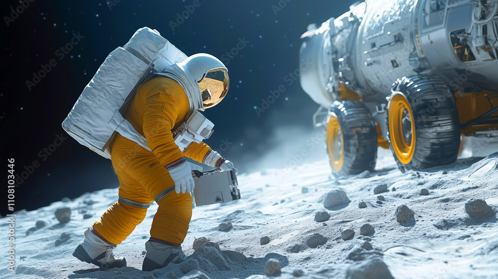 Poster astronaut exploring lunar surface with rover in background