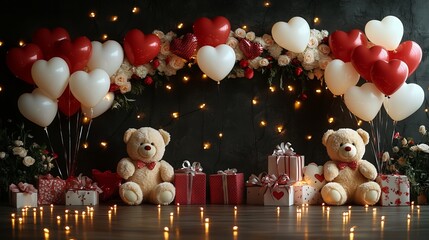 Romantic valentine's day backdrop with heart balloons, roses, and teddy bears for celebrations