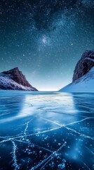 Mountain Reflections on a Frozen Lake at Twilight with Pink and Purple Sky Frozen Lakes with Reflections ,Winter seasson, Happy New Year, Happy christmass