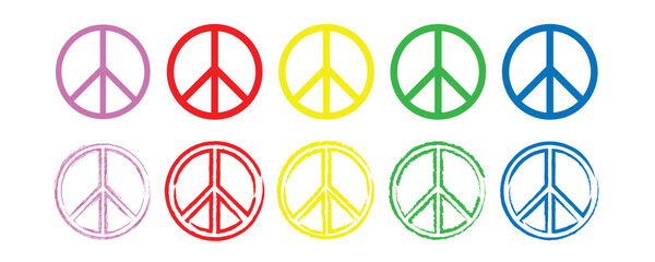  A set of peace sign in different colors collection. Peace symbols, peace pictograms isolated on white background. International symbol of the antiwar movement of the disarmament of the world, vector.