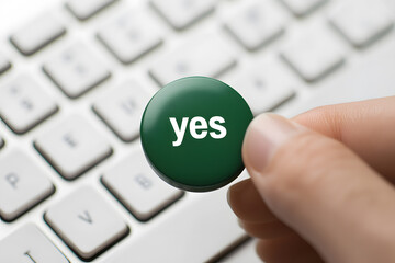 Green Button on a Computer Keyboard with the Word ‘Yes’ – Symbolising Confirmation, Agreement, and Positive Action in a Digital Context