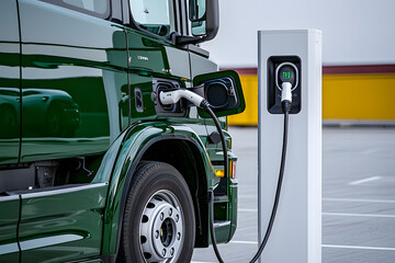 Electric Truck Charging at a Charging Station &ndash; Representing Sustainable Transportation, Green Energy, and the Future of Eco-Friendly Logistics