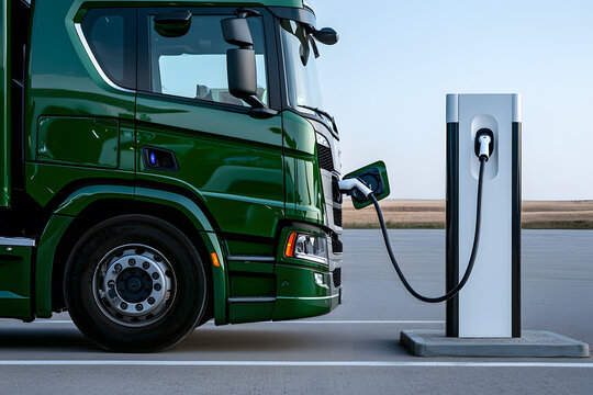 Electric Truck Charging at a Charging Station – Representing Sustainable Transportation, Green Energy, and the Future of Eco-Friendly Logistics - Powered by Adobe