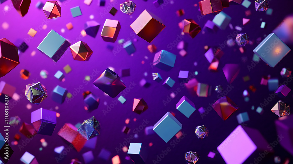 Poster a purple background with many 3d geometry objects scattered throughout. the objects are of different