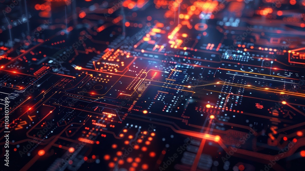 Poster abstract digital circuit board with glowing lines and nodes.